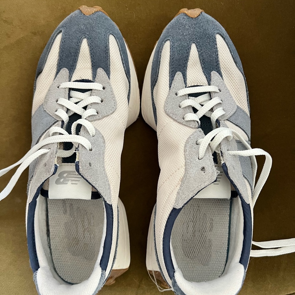 New Balance White and Blue 327 Sneakers
